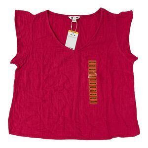 Three Dots Women's Short Sleeve V-Neck Double Layer Cotton Gauze Shirt - Fuchsia